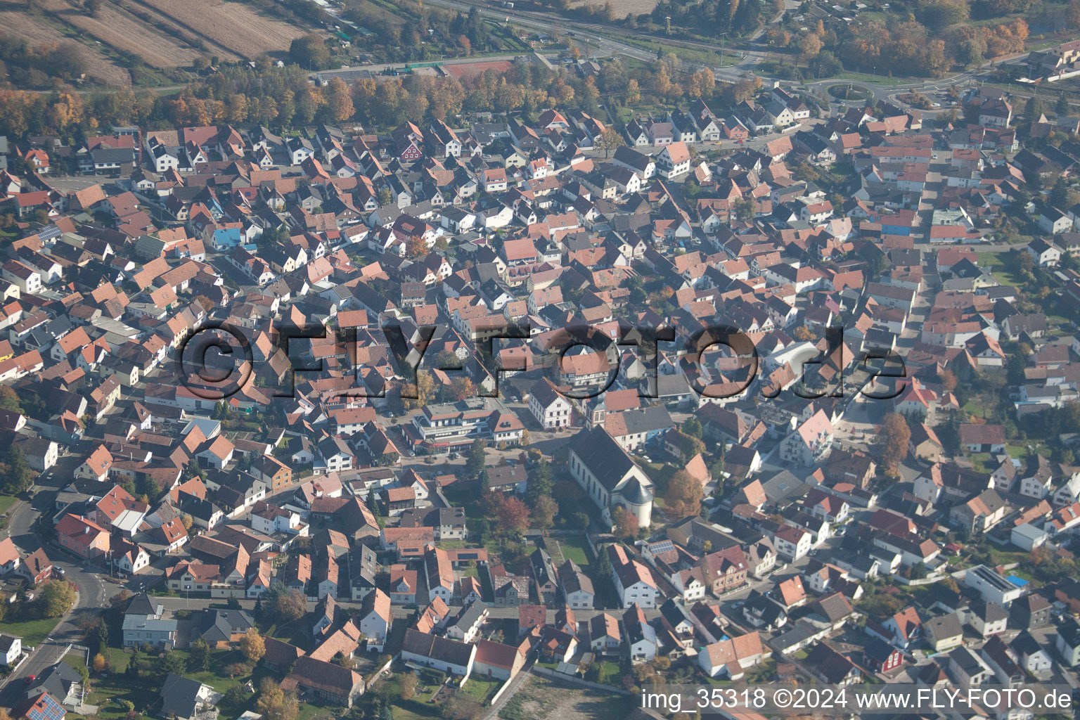 Hagenbach in the state Rhineland-Palatinate, Germany from the plane