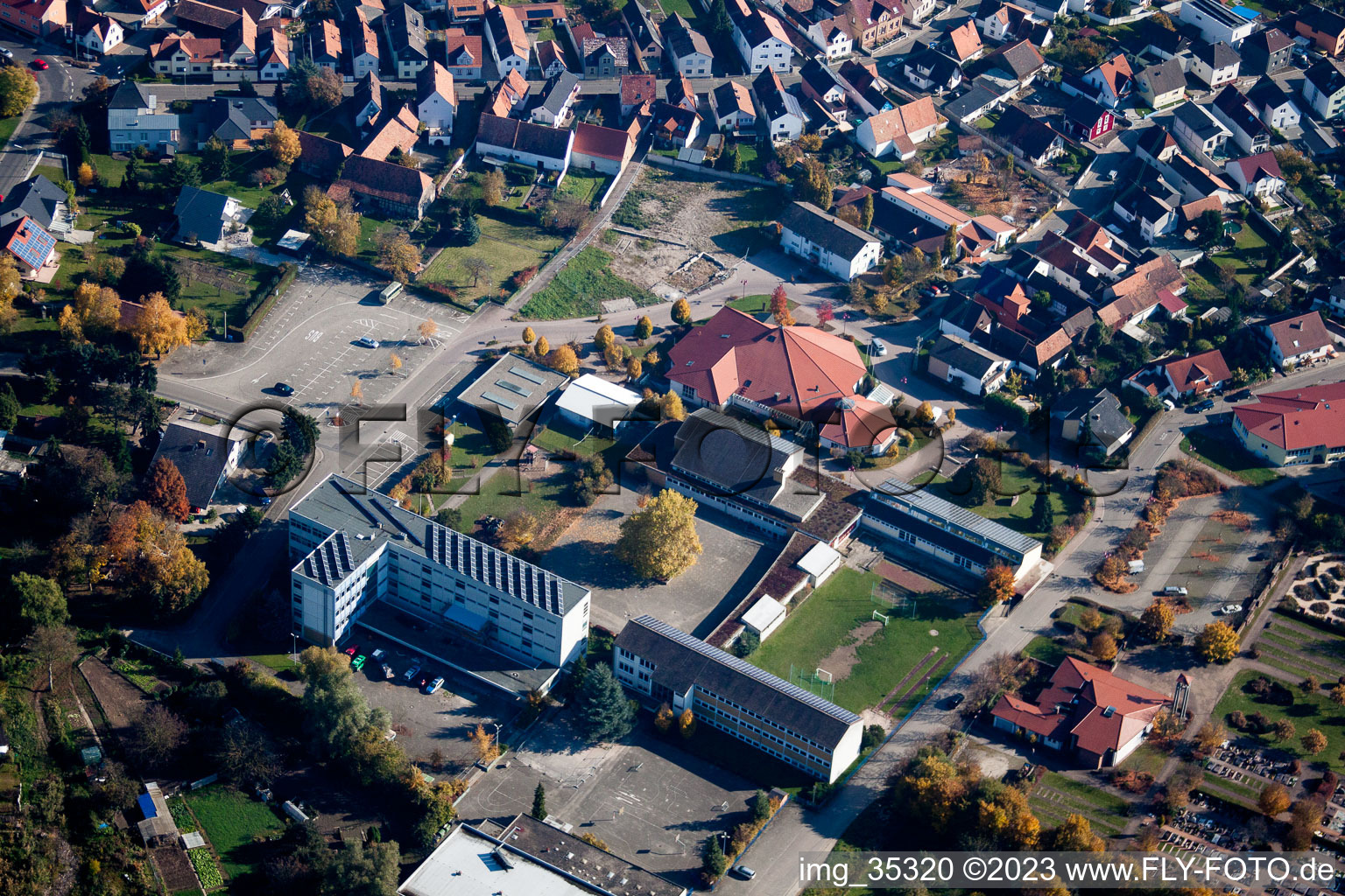 Aerial view of School in Hagenbach in the state Rhineland-Palatinate, Germany