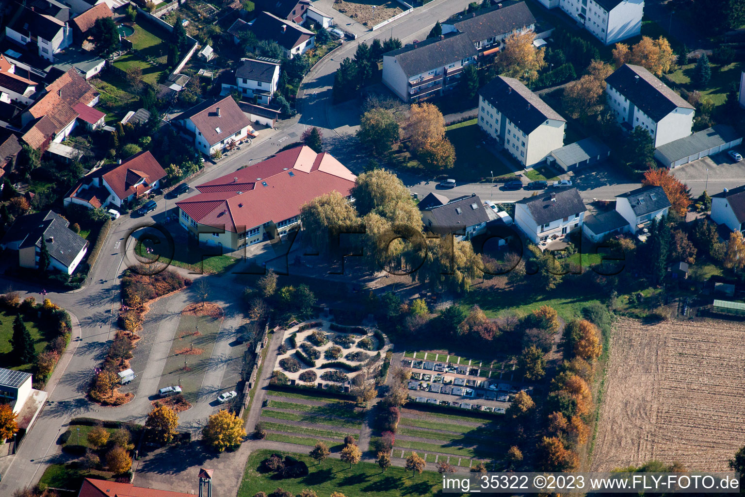 Aerial view of Cemetery in Hagenbach in the state Rhineland-Palatinate, Germany