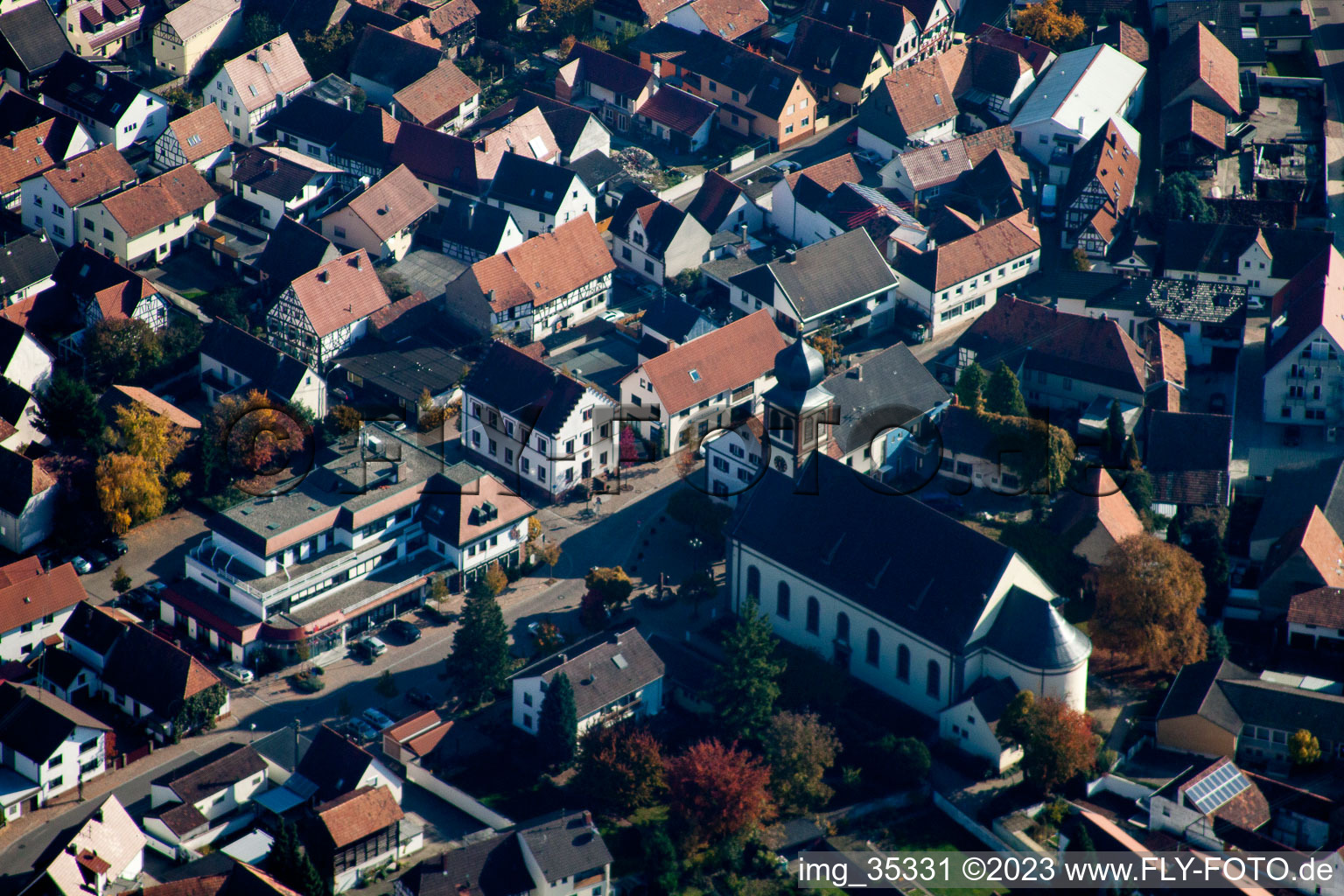 Aerial view of Ludwigstr in Hagenbach in the state Rhineland-Palatinate, Germany