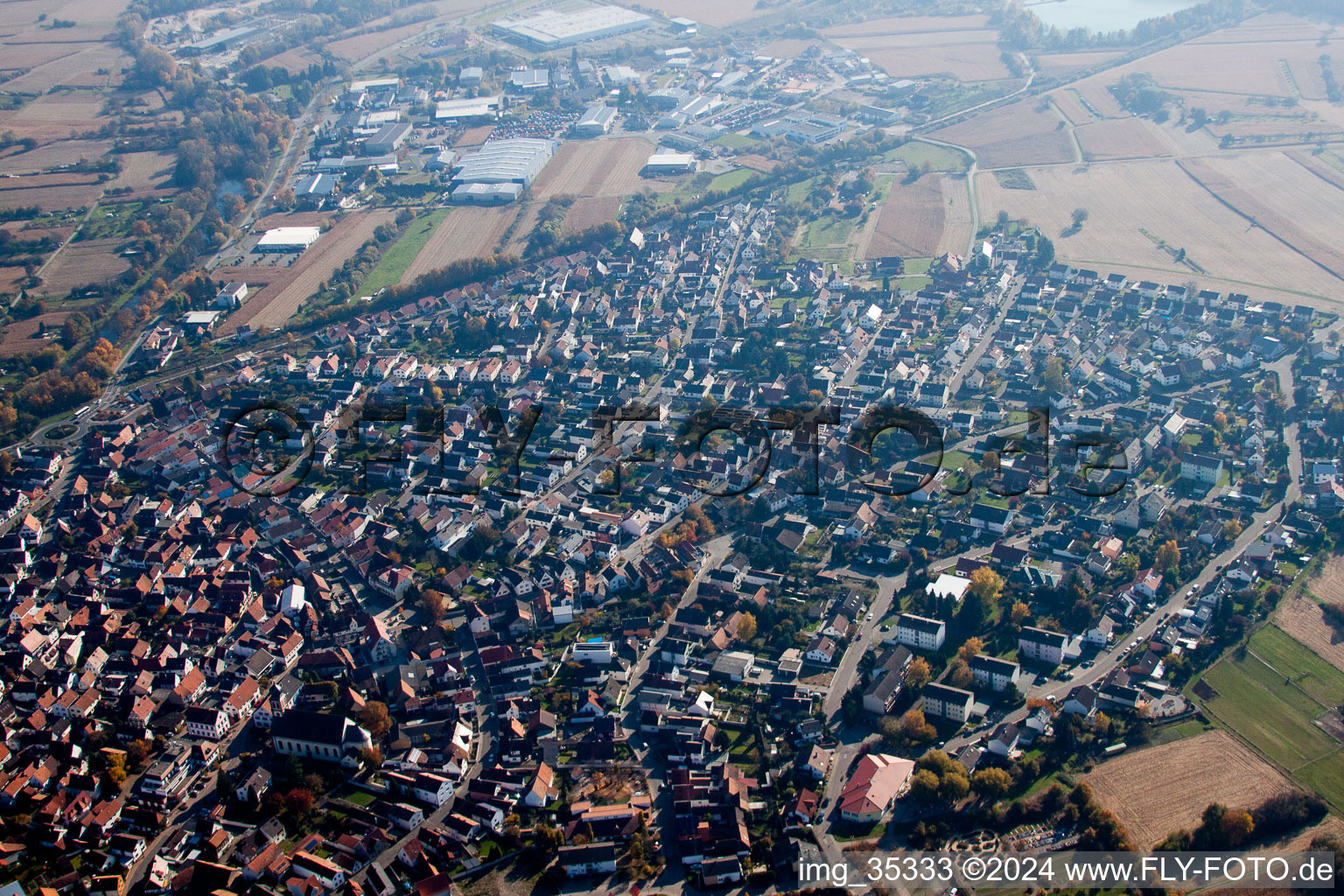 Aerial view of Hagenbach in the state Rhineland-Palatinate, Germany