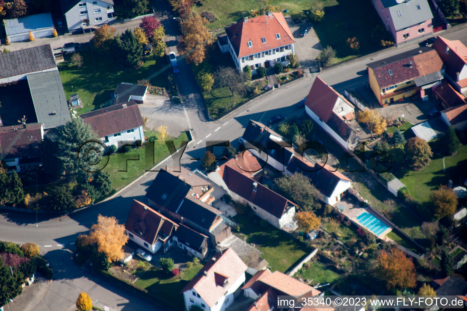 Aerial view of Friedensstr in Hagenbach in the state Rhineland-Palatinate, Germany