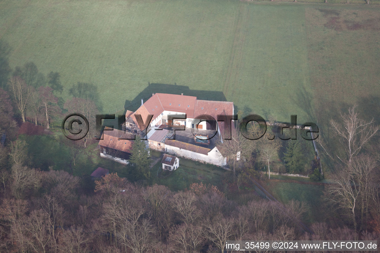 Aerial view of Herrenmühle in the district Minderslachen in Kandel in the state Rhineland-Palatinate, Germany