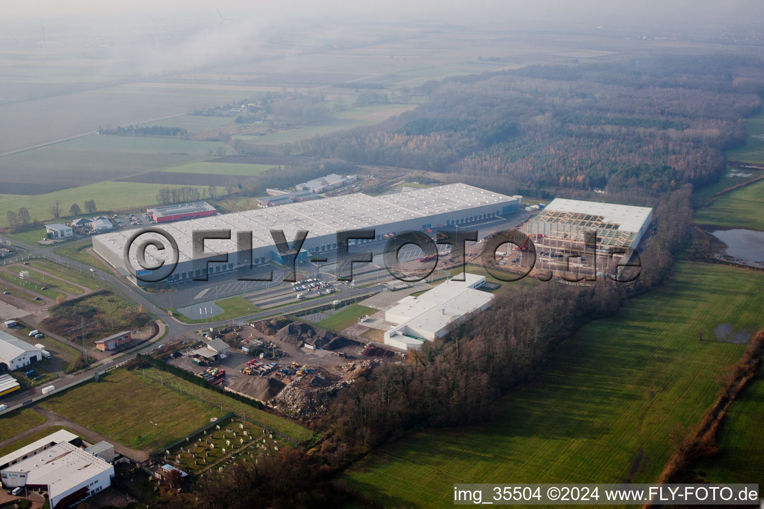 Aerial view of Industrial area, Gazely Logistics Center 2nd construction phase in the district Minderslachen in Kandel in the state Rhineland-Palatinate, Germany