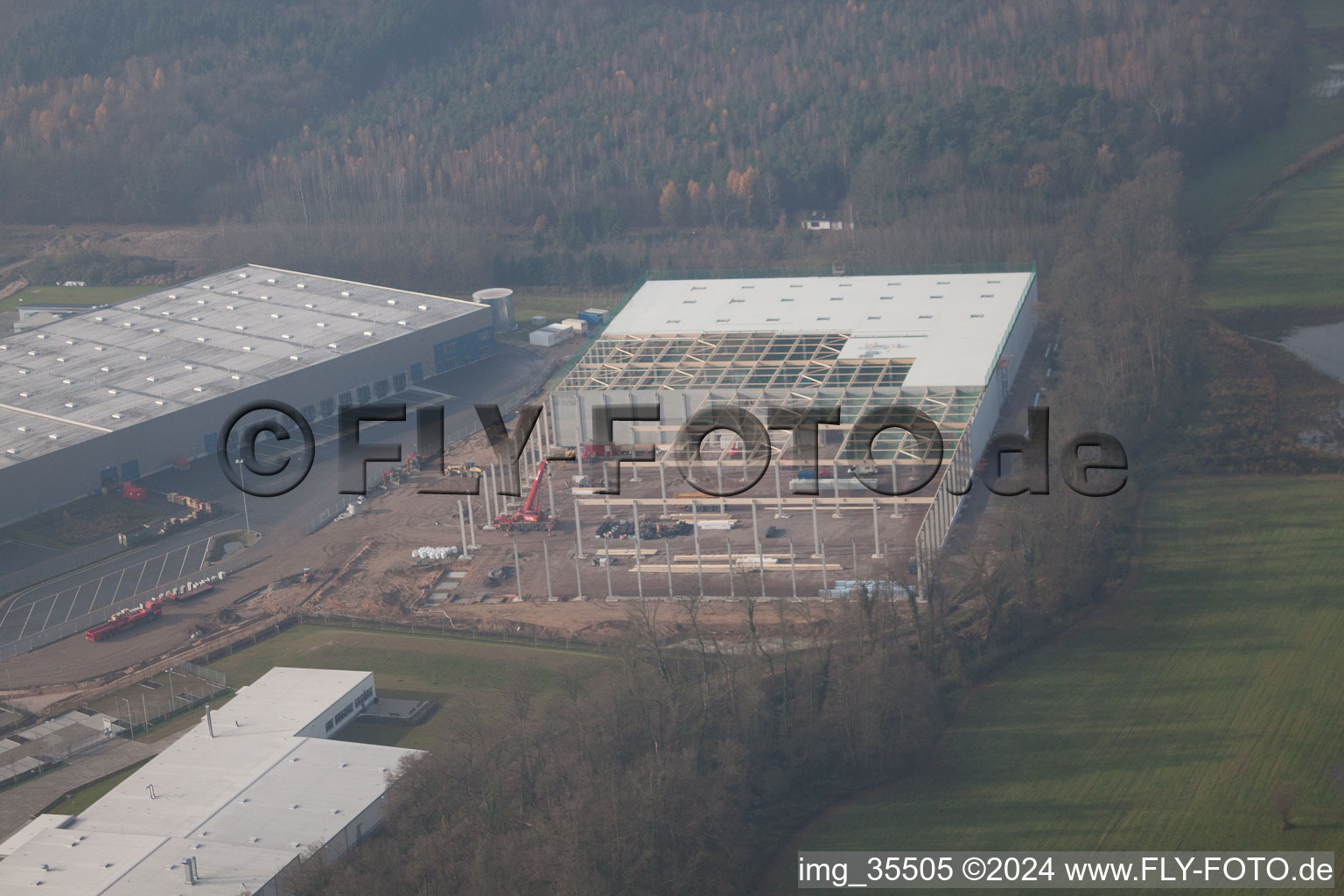 Aerial photograpy of Industrial area, Gazely Logistics Center 2nd construction phase in the district Minderslachen in Kandel in the state Rhineland-Palatinate, Germany