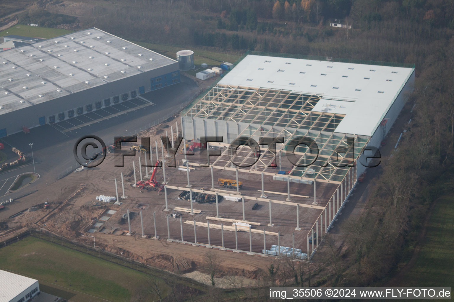 Oblique view of Industrial area, Gazely Logistics Center 2nd construction phase in the district Minderslachen in Kandel in the state Rhineland-Palatinate, Germany