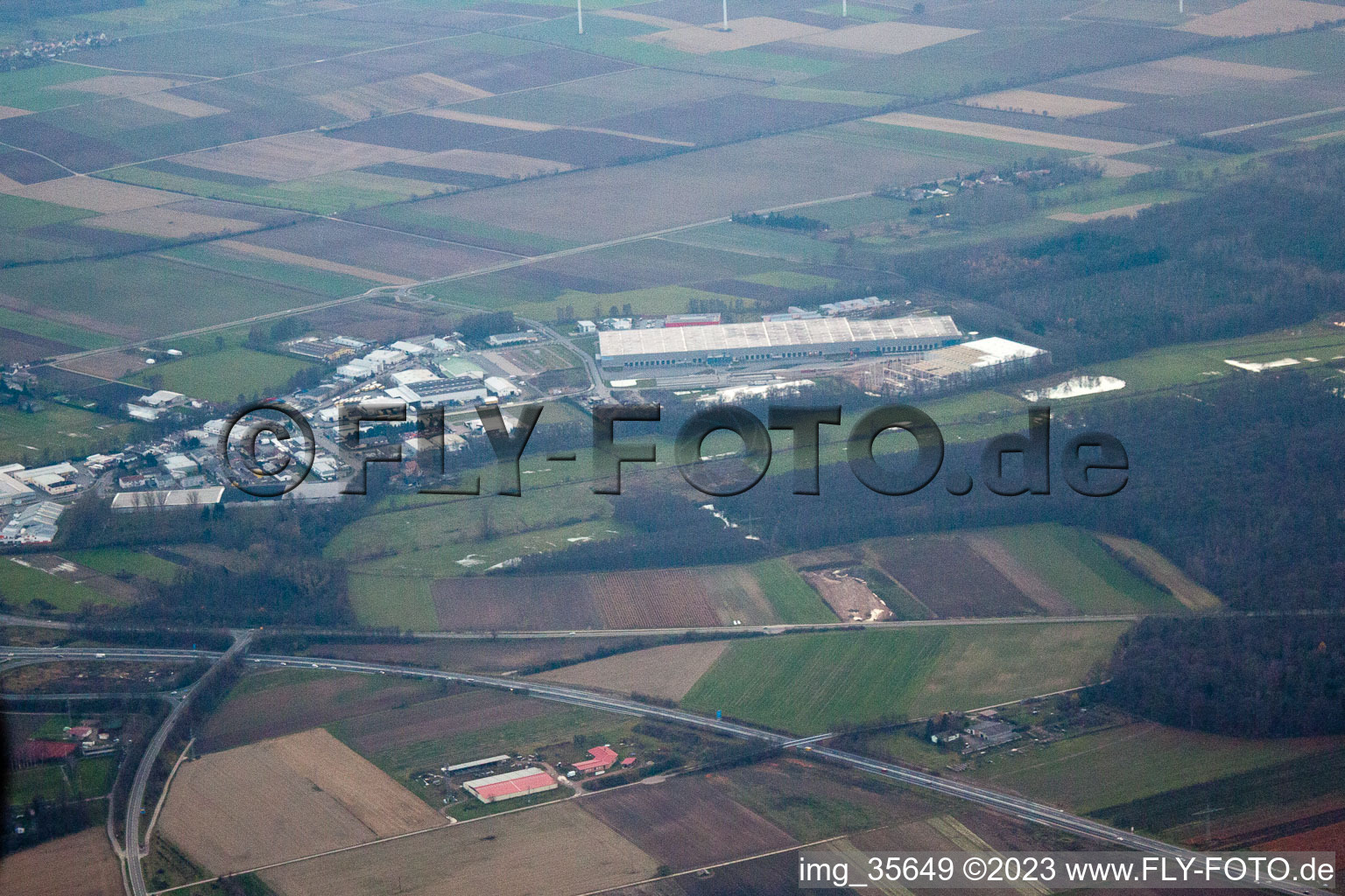 Horst industrial area in the district Minderslachen in Kandel in the state Rhineland-Palatinate, Germany from the drone perspective