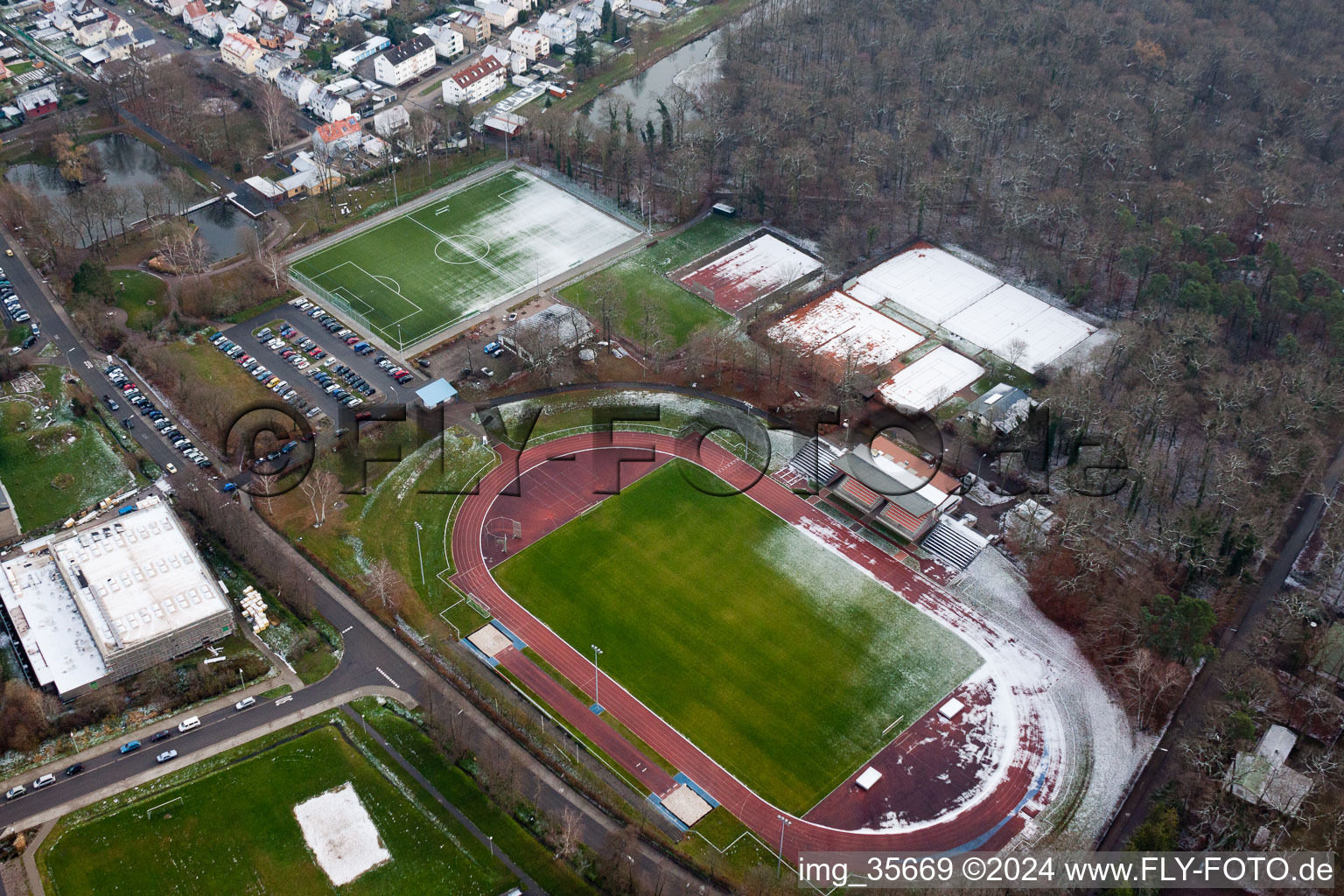 Oblique view of Bienwald Stadium in Kandel in the state Rhineland-Palatinate, Germany