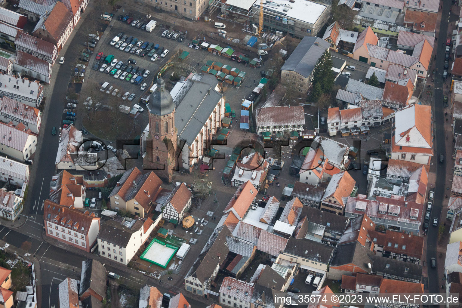 Aerial view of Christmas market at Plätzl and around St. George's Church in Kandel in the state Rhineland-Palatinate, Germany