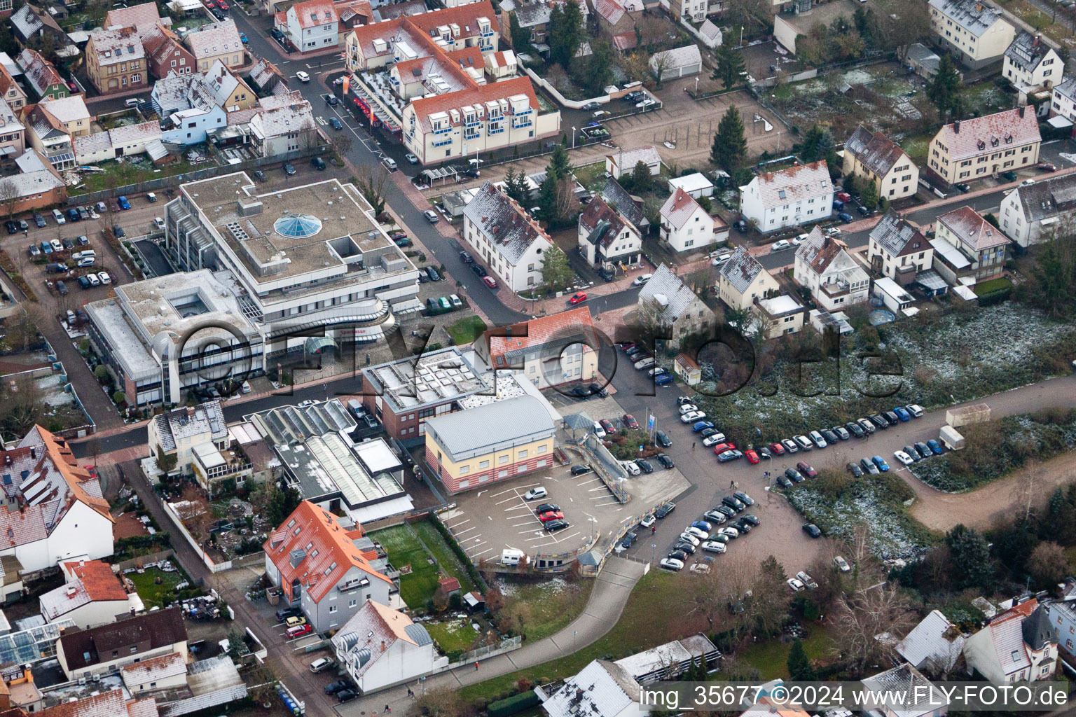 Aerial view of VG administration, savings bank in Kandel in the state Rhineland-Palatinate, Germany