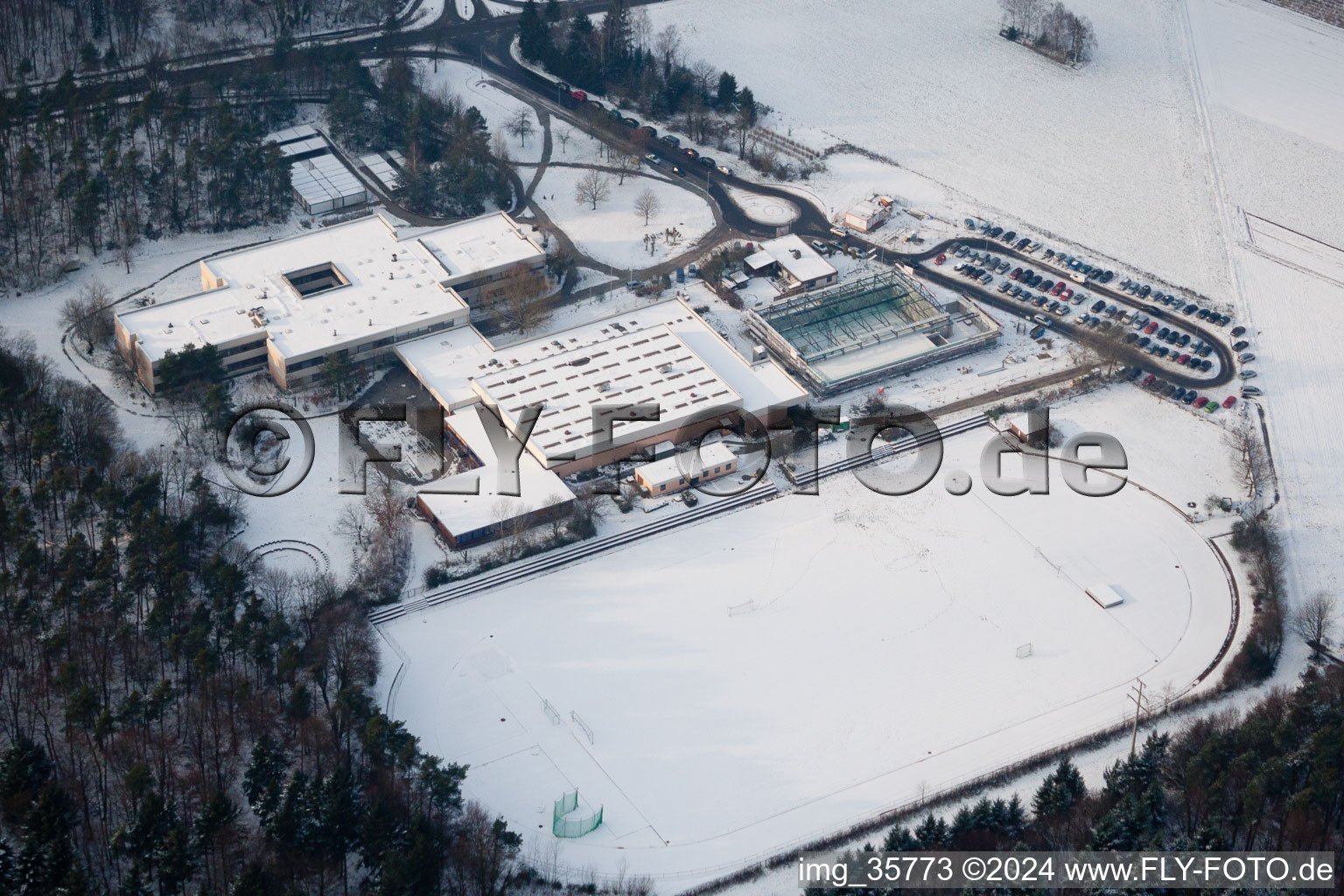 Aerial view of Römerberg School in Rheinzabern in the state Rhineland-Palatinate, Germany