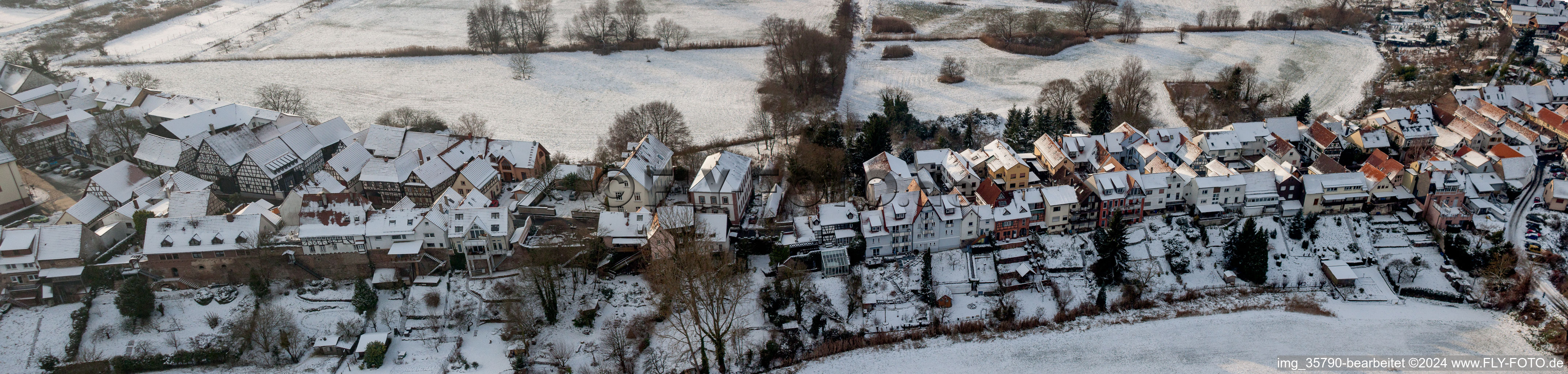 Aerial view of Wintry snowy Village view in Jockgrim in the state Rhineland-Palatinate, Germany