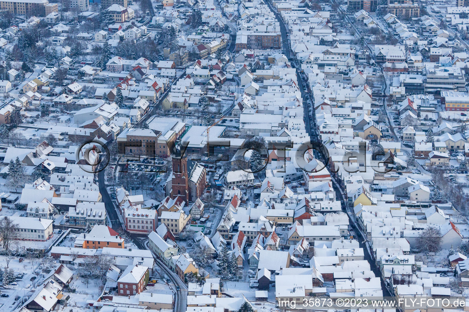 Aerial view of In the snow in Kandel in the state Rhineland-Palatinate, Germany