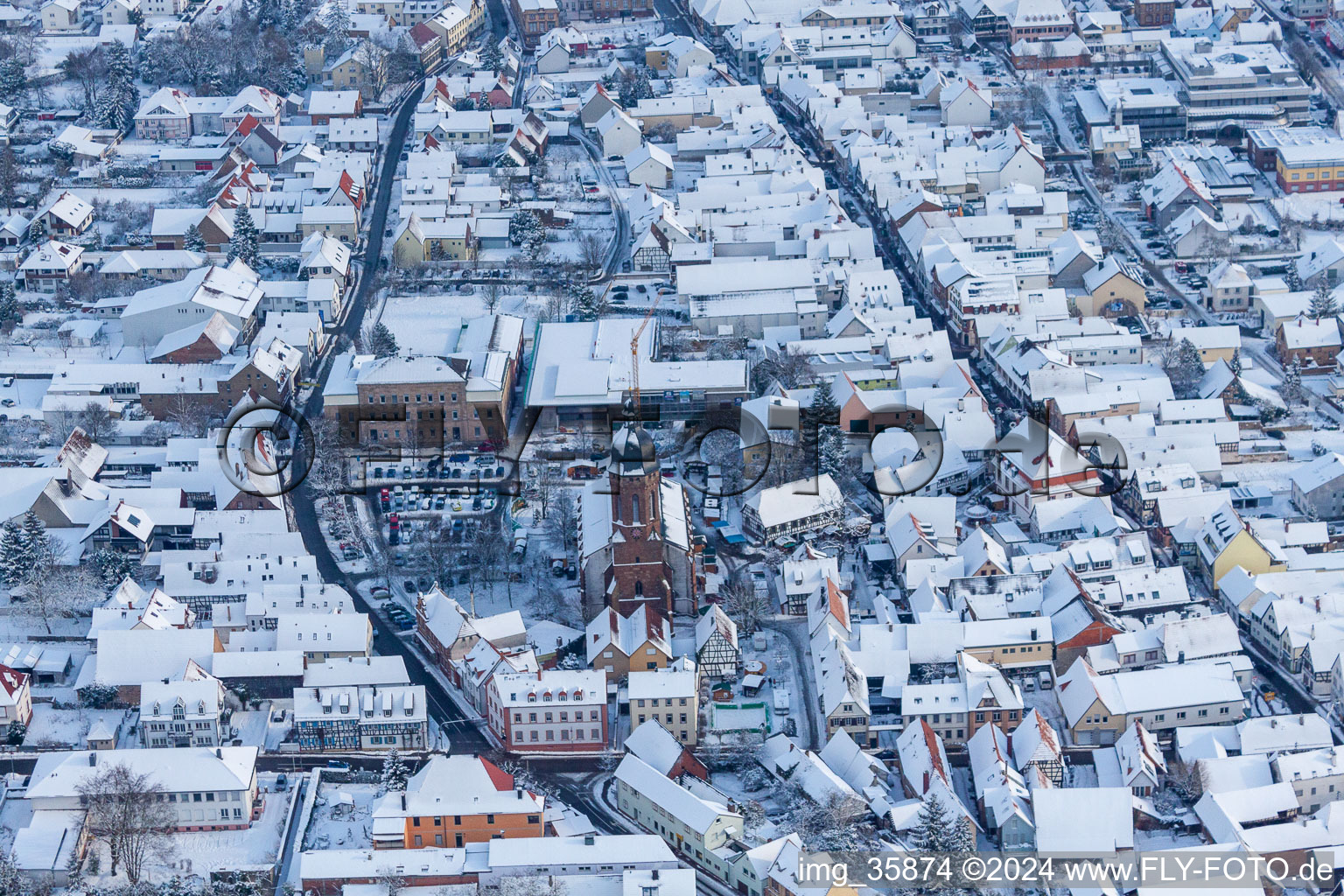 Aerial photograpy of Christmas market at Plätzl and around St. George's Church in Kandel in the state Rhineland-Palatinate, Germany