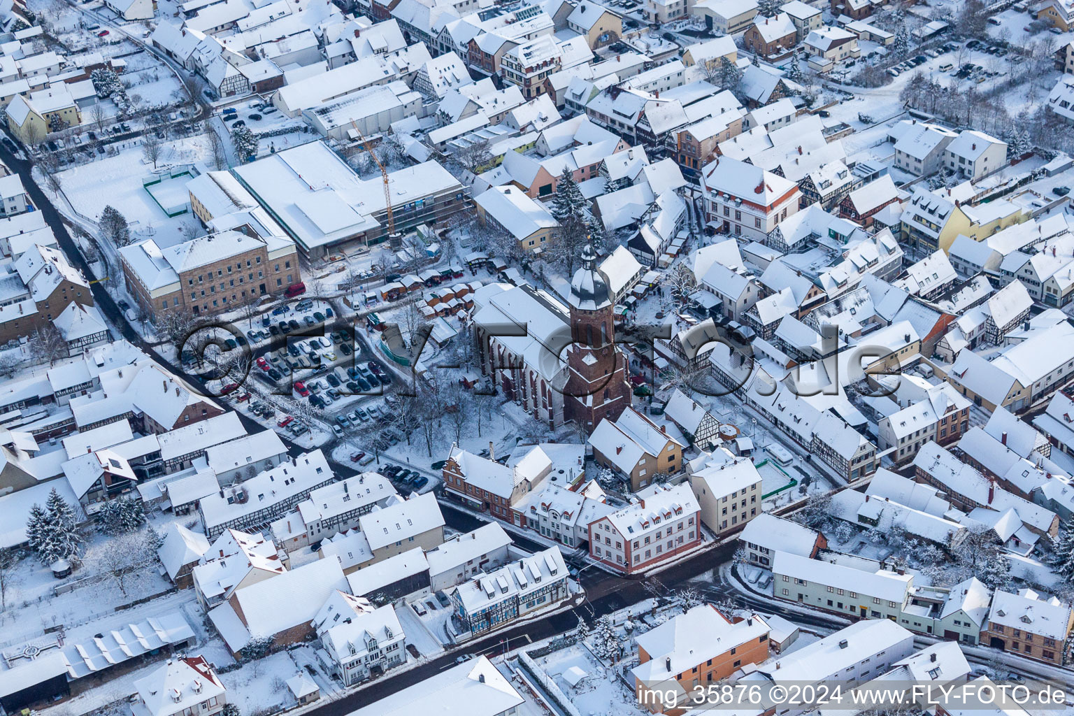 Oblique view of Christmas market at Plätzl and around St. George's Church in Kandel in the state Rhineland-Palatinate, Germany