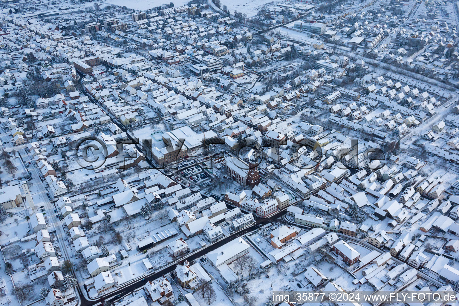 Christmas market at Plätzl and around St. George's Church in Kandel in the state Rhineland-Palatinate, Germany from above