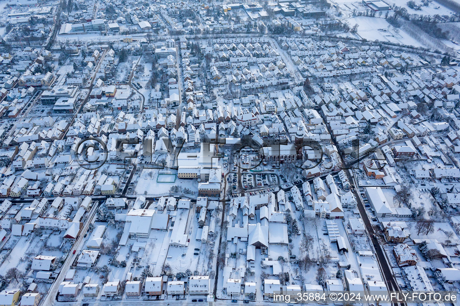 In the snow in Kandel in the state Rhineland-Palatinate, Germany from above