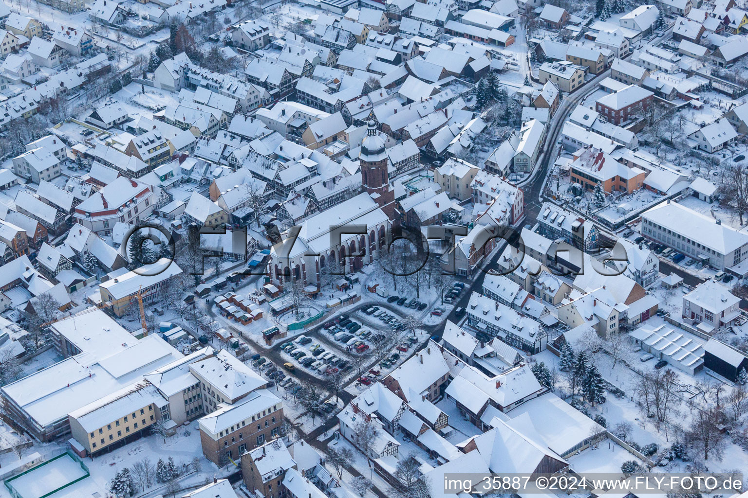 Christmas market at Plätzl and around St. George's Church in Kandel in the state Rhineland-Palatinate, Germany out of the air