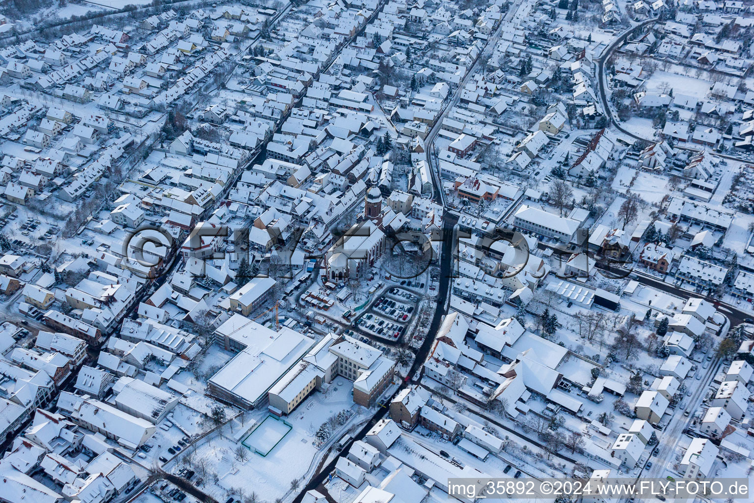 In the snow in Kandel in the state Rhineland-Palatinate, Germany seen from above