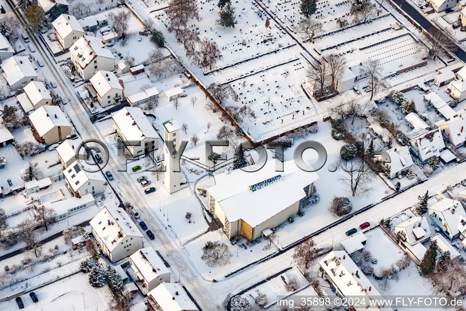 St. Pius in winter with snow in Kandel in the state Rhineland-Palatinate, Germany