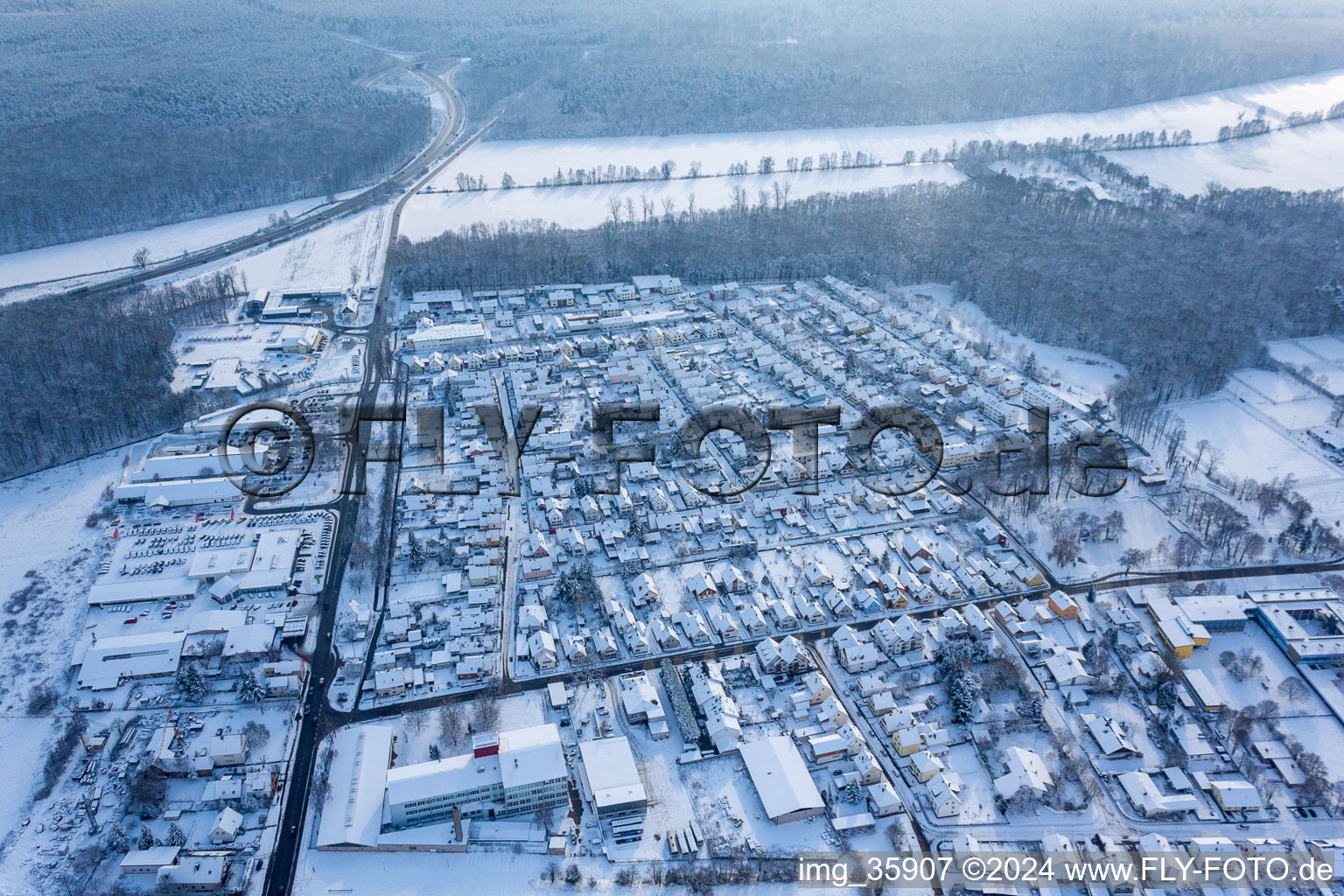 In the snow in Kandel in the state Rhineland-Palatinate, Germany from the plane