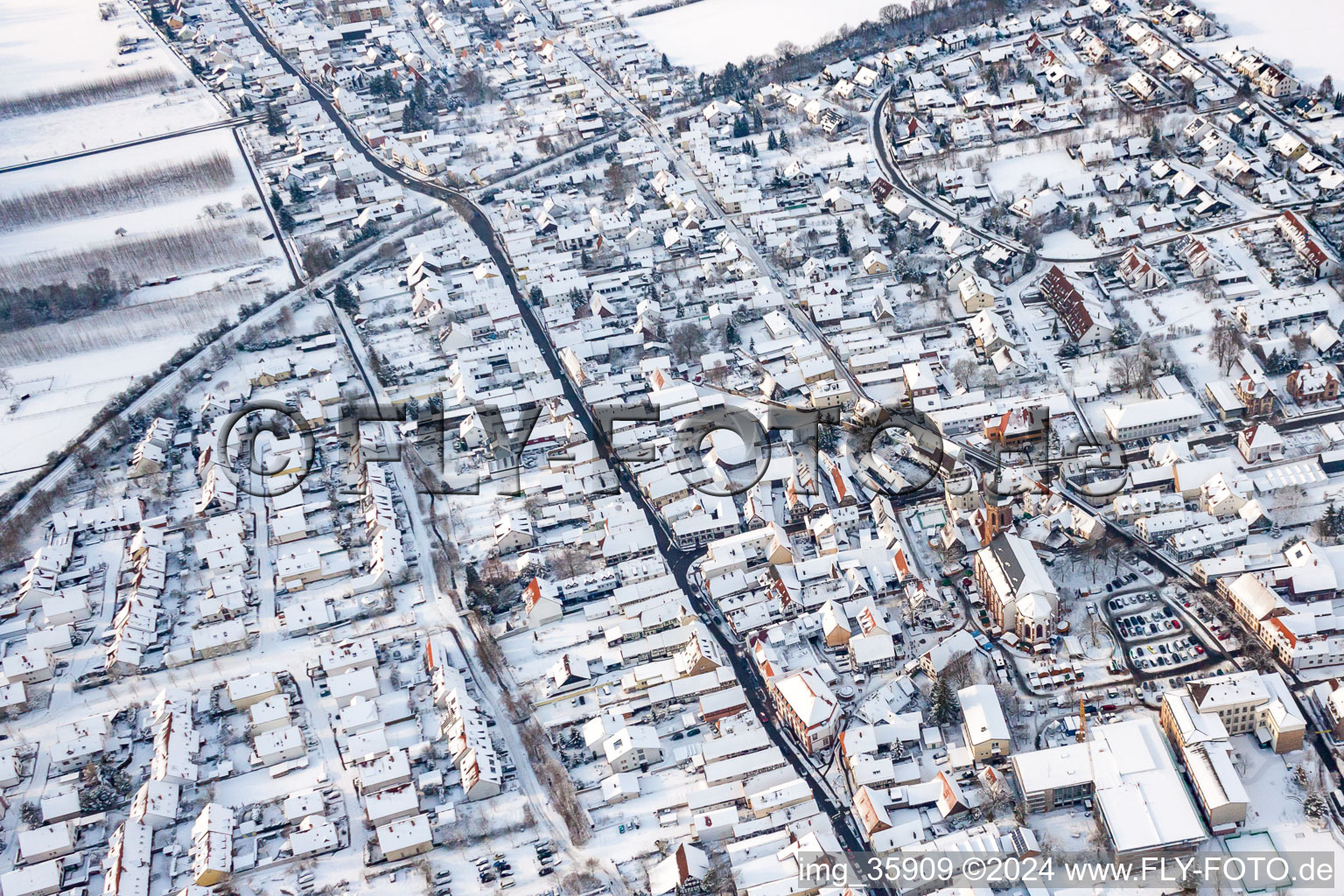 Bird's eye view of In the snow in Kandel in the state Rhineland-Palatinate, Germany