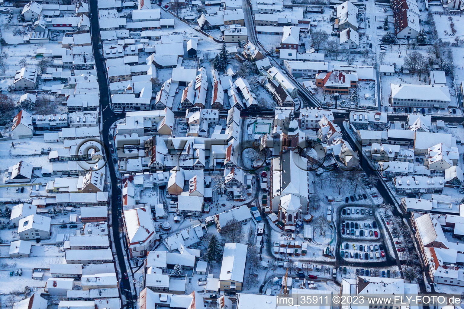 In the snow in Kandel in the state Rhineland-Palatinate, Germany viewn from the air