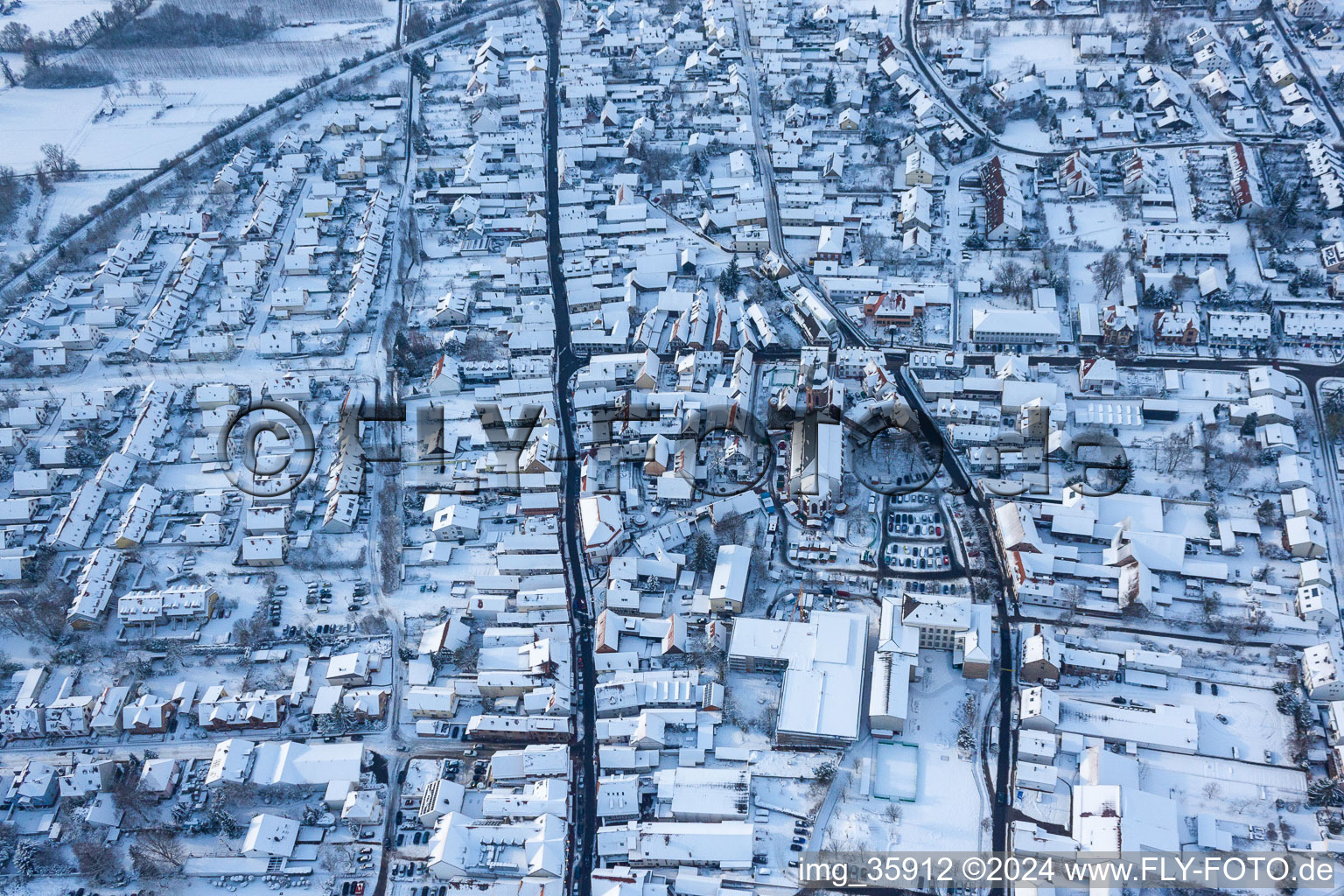 Drone recording of In the snow in Kandel in the state Rhineland-Palatinate, Germany