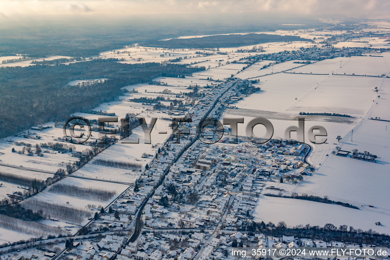 Aerial view of Saarstrasse in winter with snow in Kandel in the state Rhineland-Palatinate, Germany