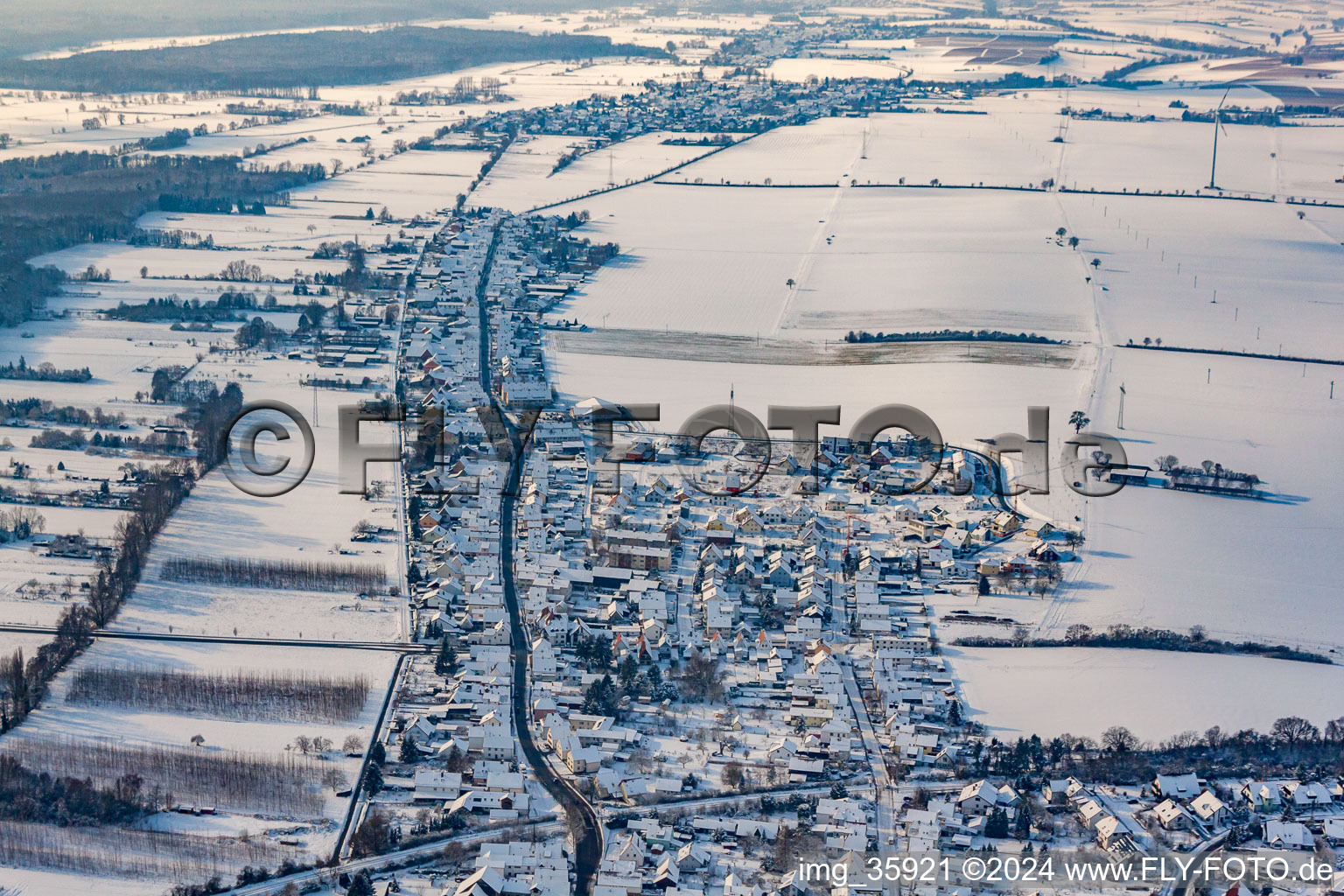 Aerial photograpy of Saarstrasse in winter with snow in Kandel in the state Rhineland-Palatinate, Germany