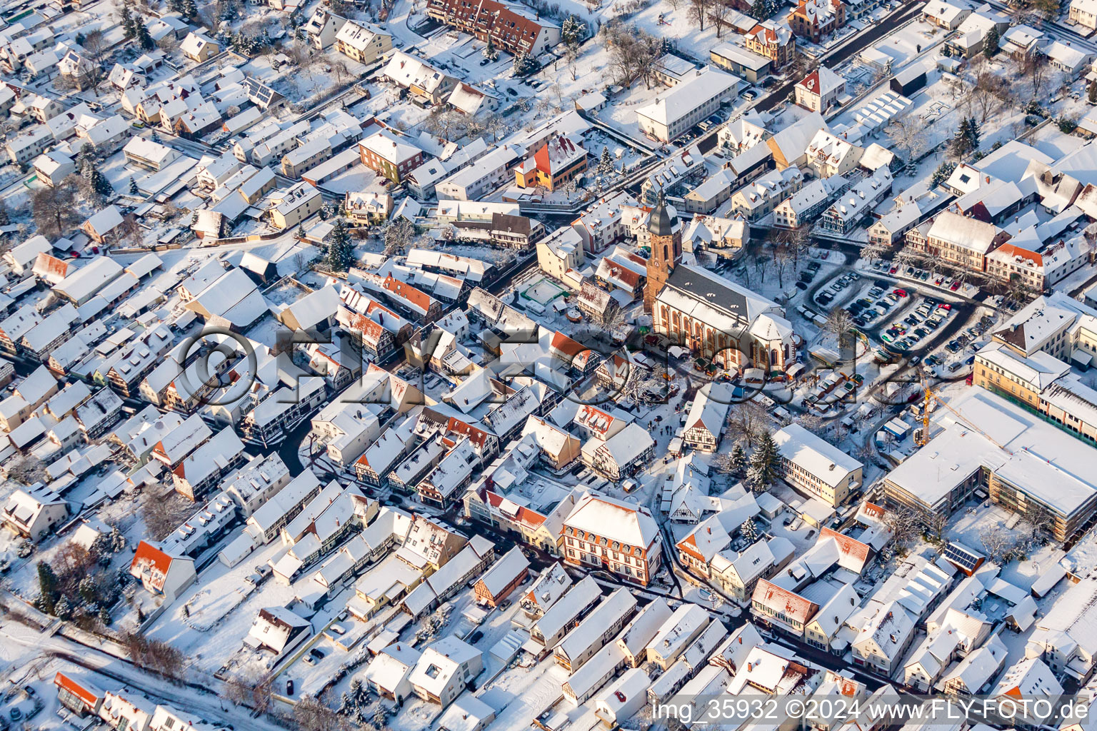 Main street in winter with snow in Kandel in the state Rhineland-Palatinate, Germany