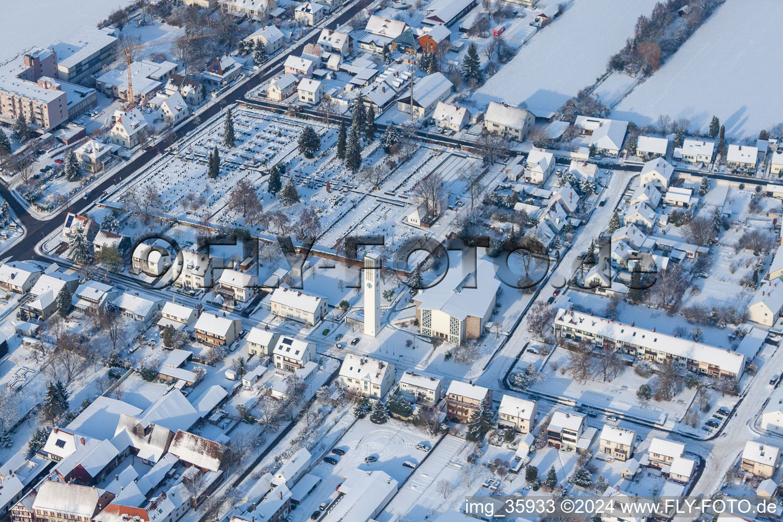 Aerial view of Catholic Church of St. Pius, Cemetery in Kandel in the state Rhineland-Palatinate, Germany