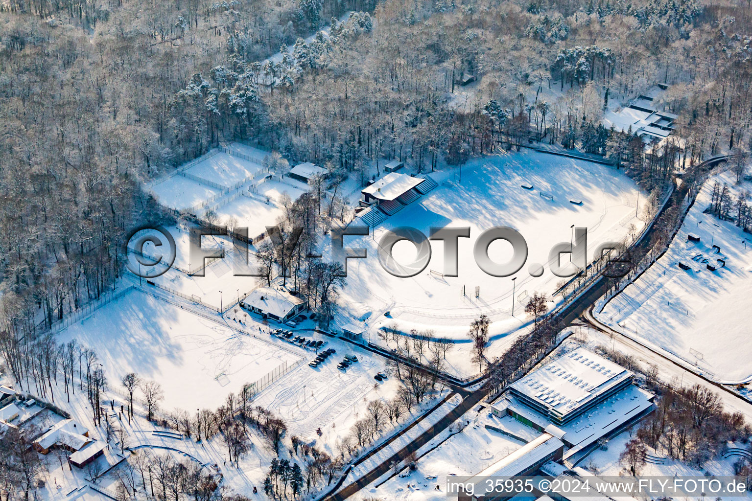 Bienwaldstadion in winter with snow in Kandel in the state Rhineland-Palatinate, Germany