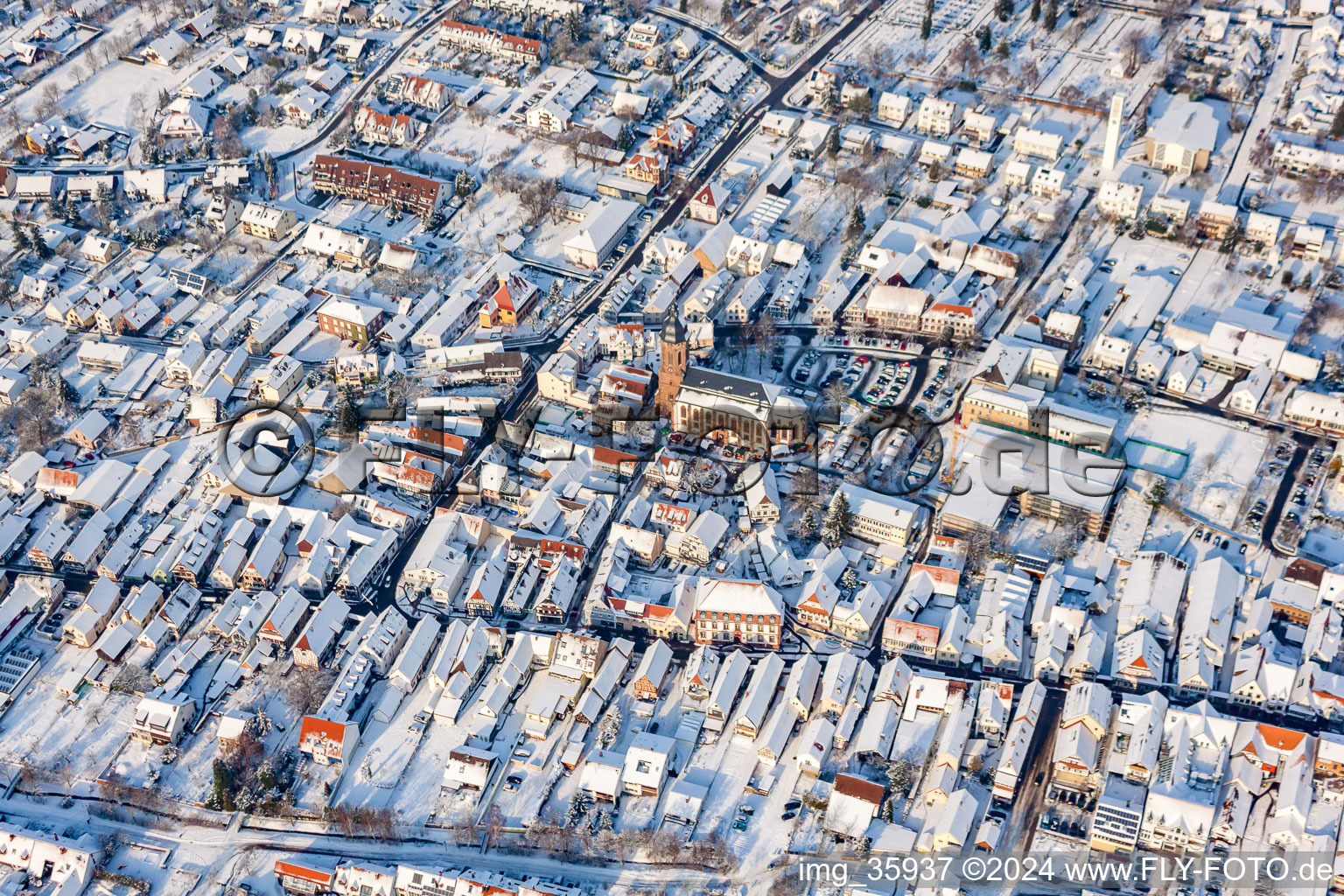 Aerial view of Main street in winter with snow in Kandel in the state Rhineland-Palatinate, Germany