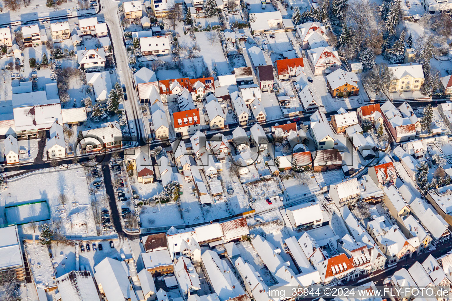 Market street in winter with snow in Kandel in the state Rhineland-Palatinate, Germany