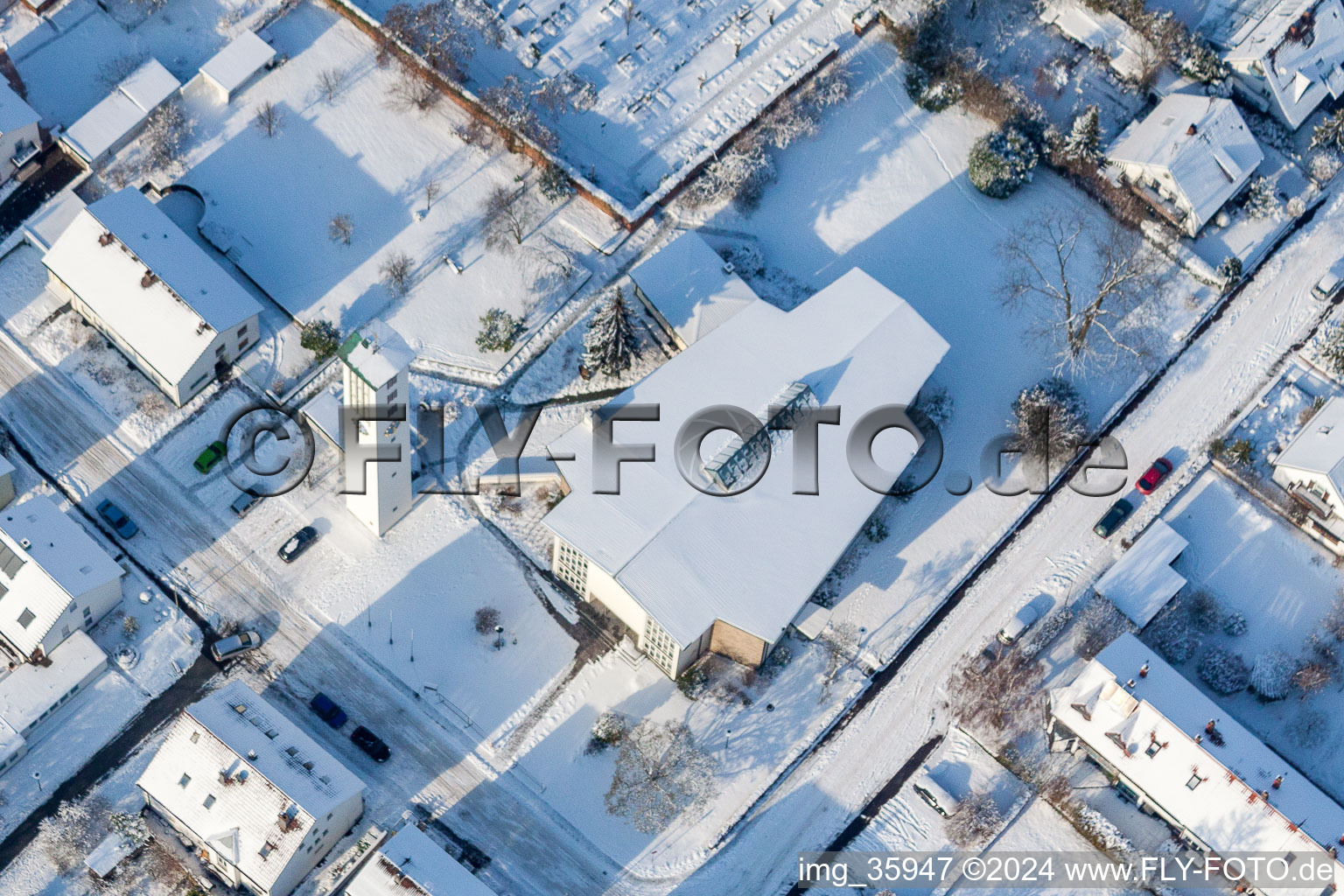 Aerial view of Catholic Church of St. Pius in Kandel in the state Rhineland-Palatinate, Germany