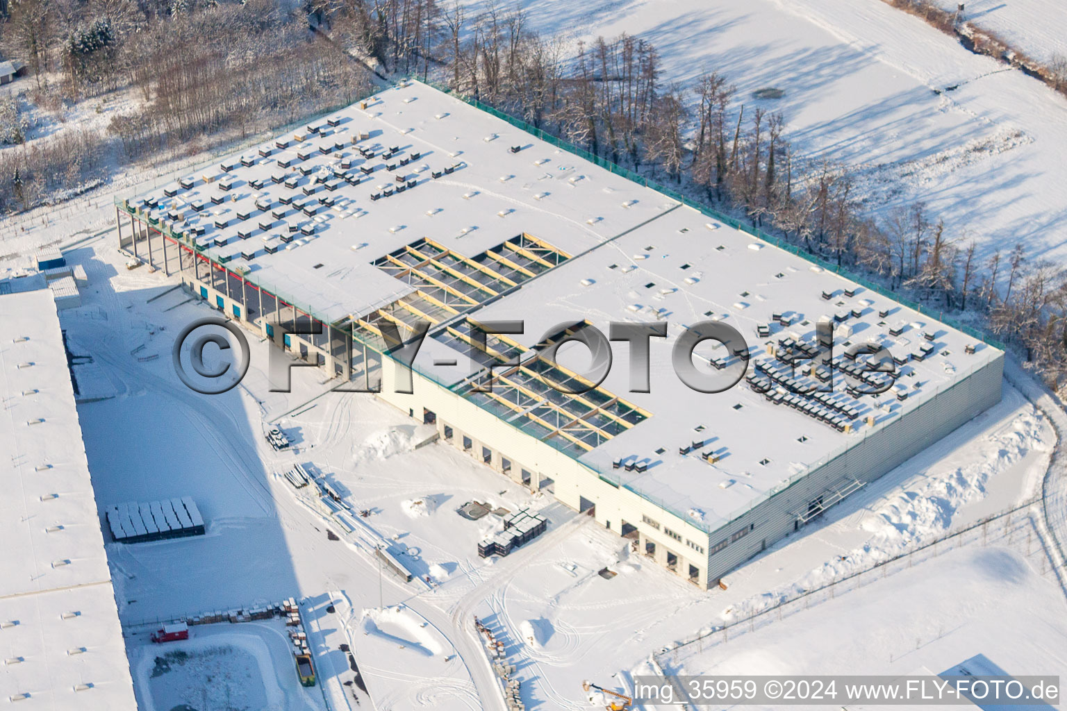 Aerial view of In the snow in the district Minderslachen in Kandel in the state Rhineland-Palatinate, Germany