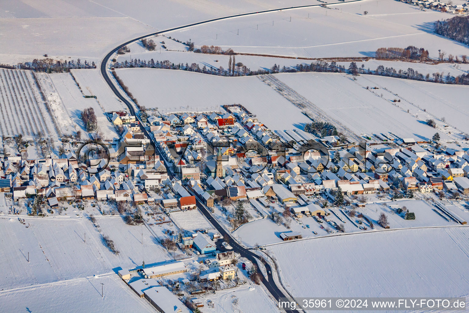 From the southwest in winter when there is snow in Erlenbach bei Kandel in the state Rhineland-Palatinate, Germany