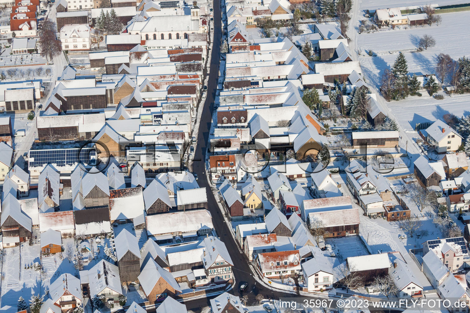 Aerial view of In winter/snow in the district Hayna in Herxheim bei Landau in the state Rhineland-Palatinate, Germany