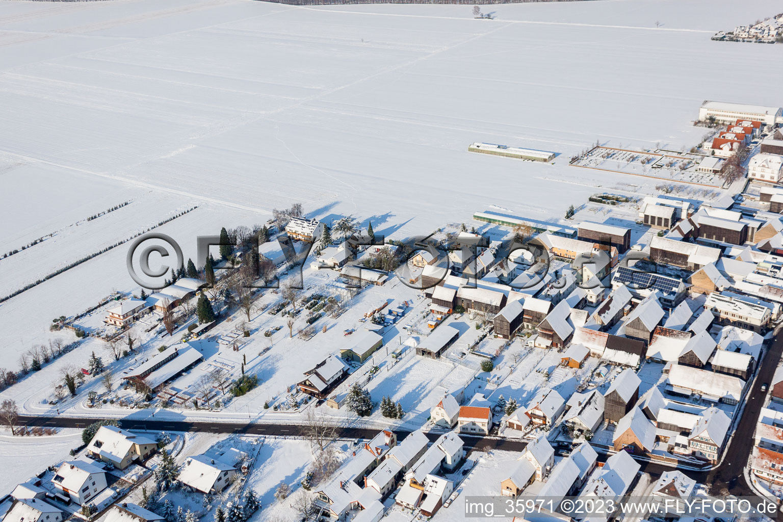 In winter/snow in the district Hayna in Herxheim bei Landau in the state Rhineland-Palatinate, Germany from above