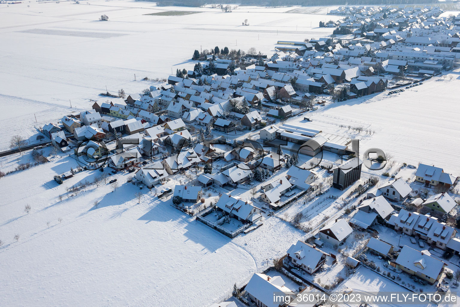 In winter/snow in the district Hayna in Herxheim bei Landau in the state Rhineland-Palatinate, Germany seen from above