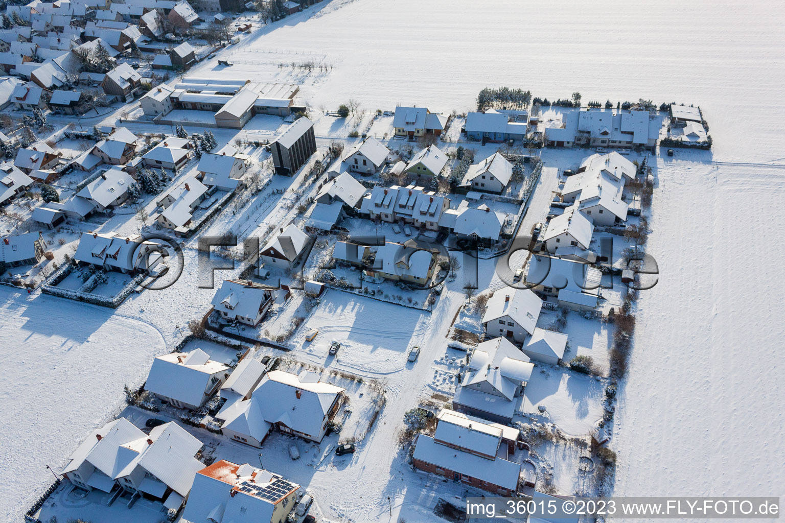 In winter/snow in the district Hayna in Herxheim bei Landau in the state Rhineland-Palatinate, Germany from the plane