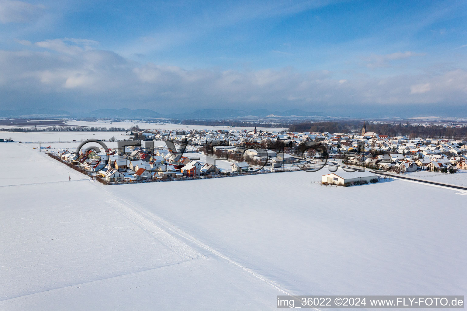 Drone recording of New development area Brotäcker in Steinweiler in the state Rhineland-Palatinate, Germany