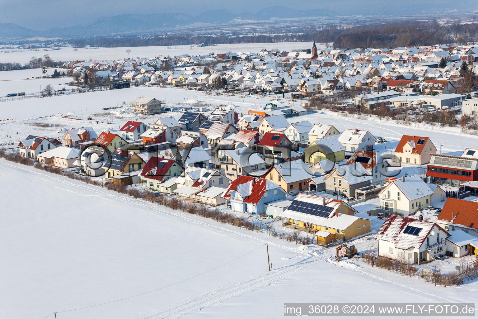 Brotäcker new development area in Steinweiler in the state Rhineland-Palatinate, Germany from the drone perspective