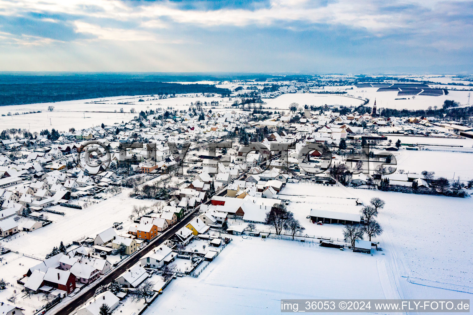 Aerial view of In winter when there is snow in Minfeld in the state Rhineland-Palatinate, Germany