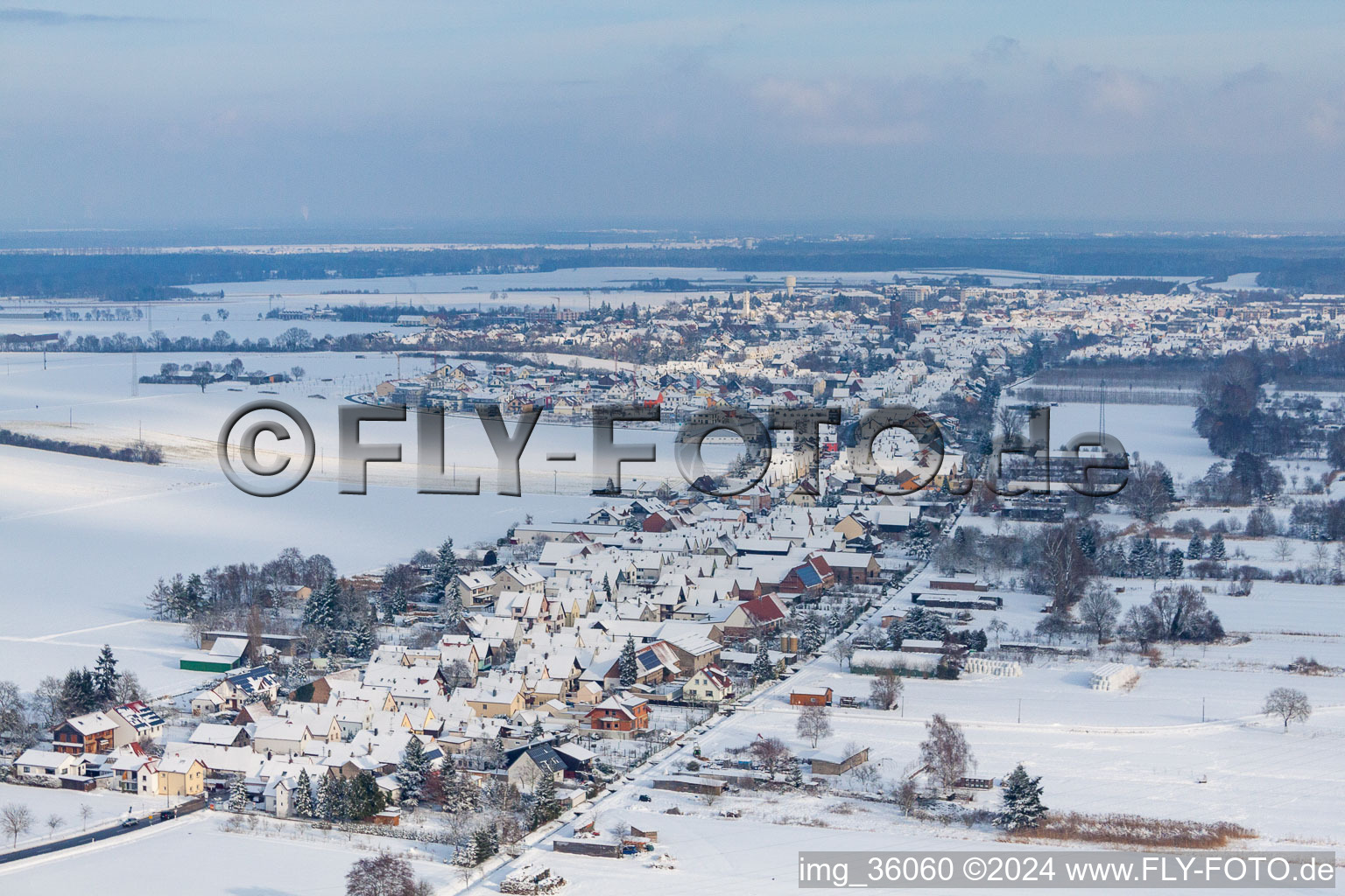 Aerial view of In the snow in Minfeld in the state Rhineland-Palatinate, Germany