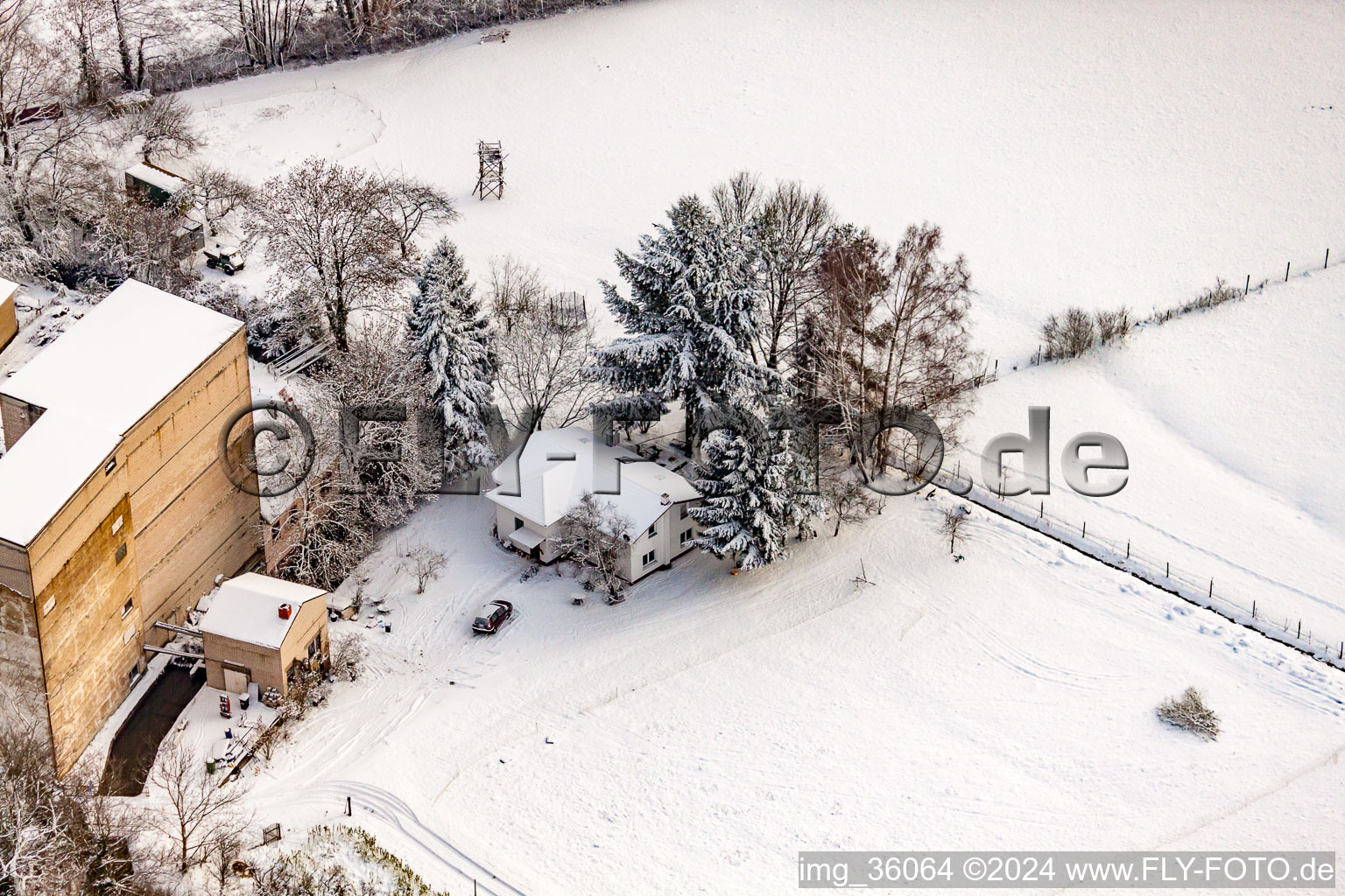 Hardtmühle in winter with snow in Kandel in the state Rhineland-Palatinate, Germany