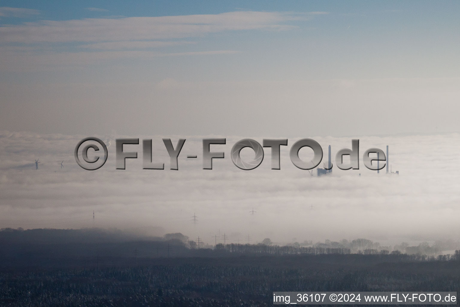 ENBW in the fog in the district Rheinhafen in Karlsruhe in the state Baden-Wuerttemberg, Germany