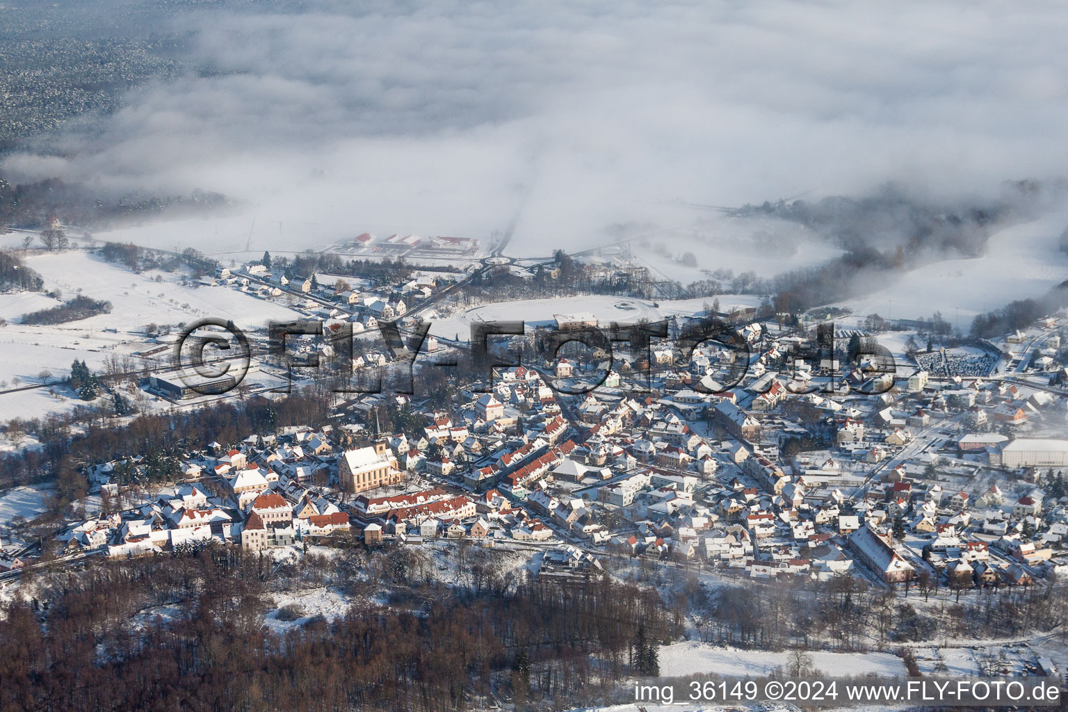 Wintry snowy Town View of the streets and houses of the residential areas in Lauterbourg in Grand Est, France