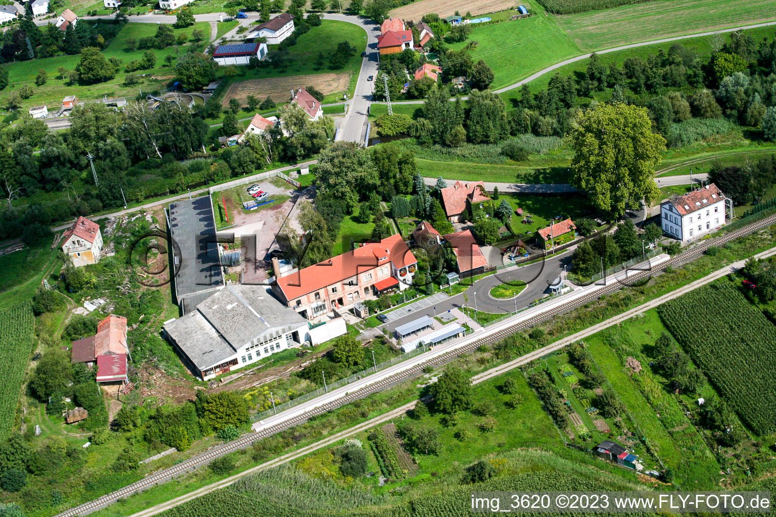 Aerial view of Railroad station in Berg in the state Rhineland-Palatinate, Germany